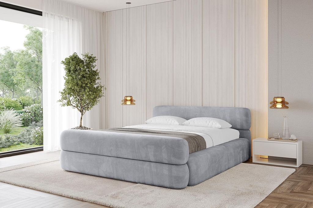 ALTDECOR Polsterbett mit Bettkasten - ENORA-Z-v1 - 180x200 Hellgrau - Bett mit Matratze H3/H4, Kopfteil und Fußteil, Boxbett, Doppelbett mit Stauraum