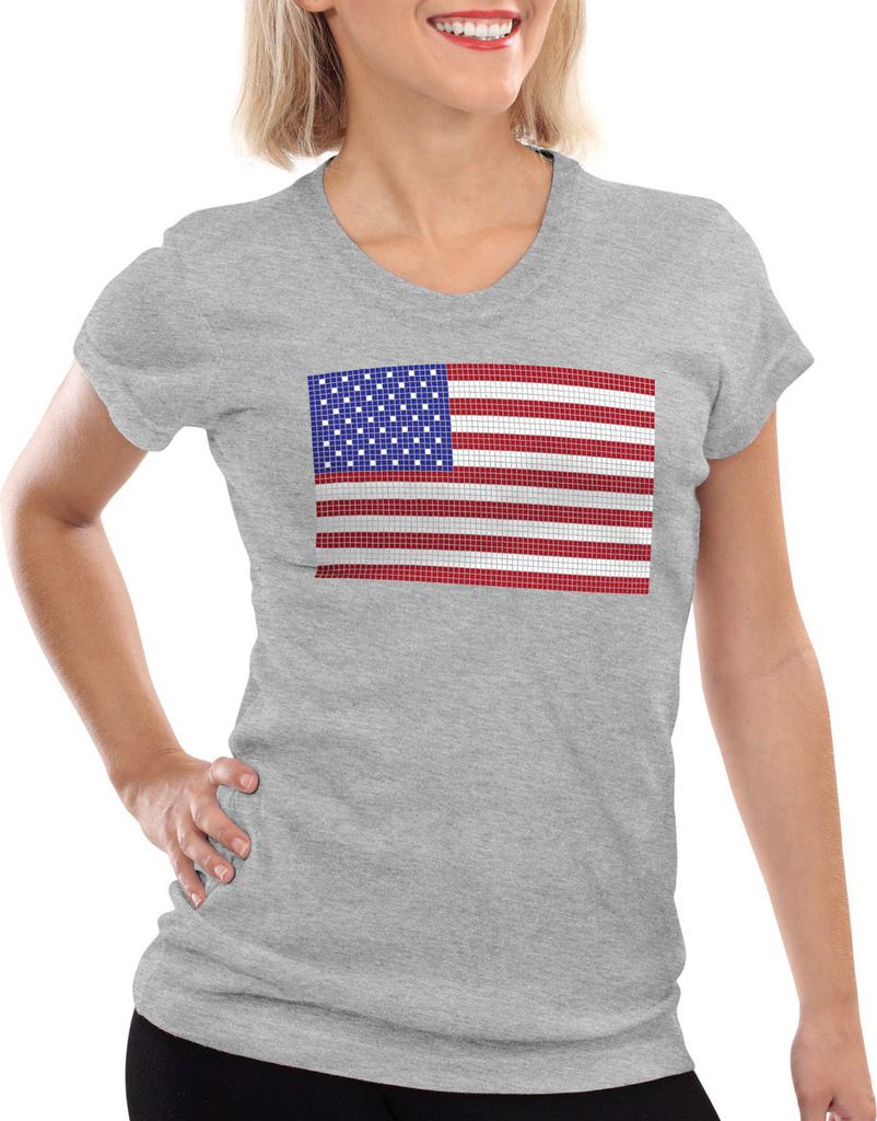 style3 USA 8-Bit Pixel Flagge T-Shirt Damen banner vereinigte staaten us stars stripes, Farbe:Grau meliert, Größe:L