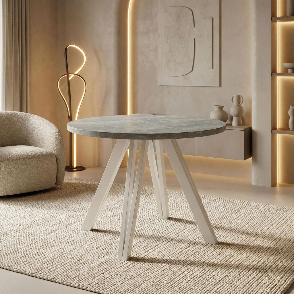 Runder Esstisch Ausziehbar 100–180 cm mit Weißen Holzbeinen aus Buchenholz – Moderner Ausziehtisch für Esszimmer, Küche und Wohnzimmer – T...