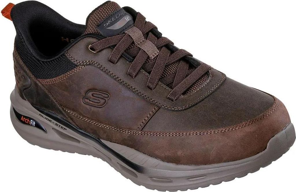 A single brown Skechers shoe is shown against a white background.