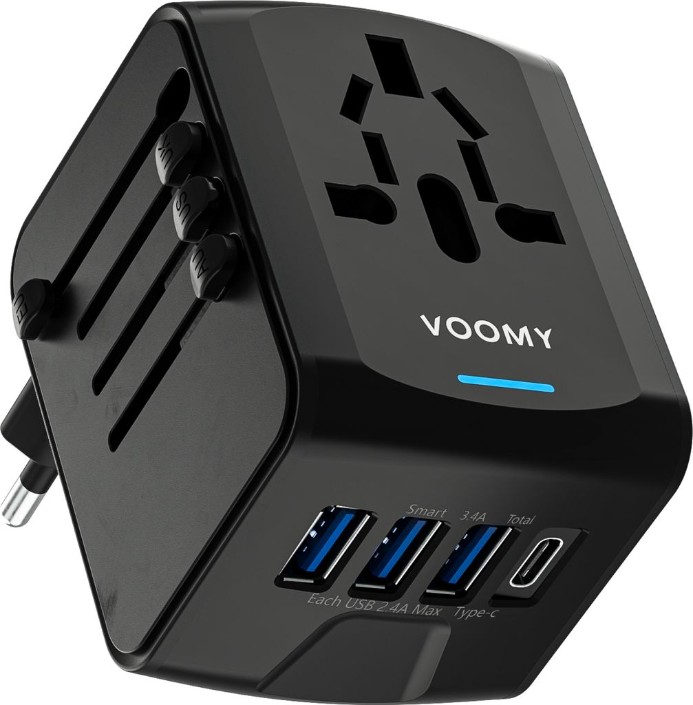 VOOMY Reiseadapter Weltweit 5-in-1 – Für 170+ Länder – Universal Reiseadapter mit 4 USB-Ports – 1x USB-C und 3x USB-A – Kompakter Weltste...