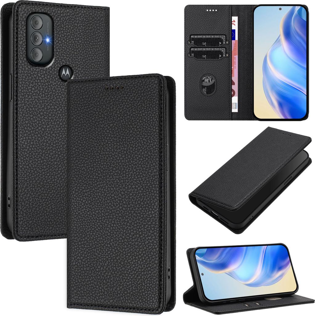 Litchi Leder Handyhülle für Motorola Moto G Power 2022 Wallet Kartenfächer Standfunktion Hülle Schwarz