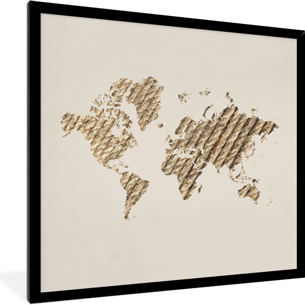 MuchoWow MuchoWow Gerahmtes Poster Weltkarte - Seil - Beige 40x40 cm - Poster mit zchwarzem Bilderrahmen - Mit Rahmen - Wanddekoration Schlafzi...
