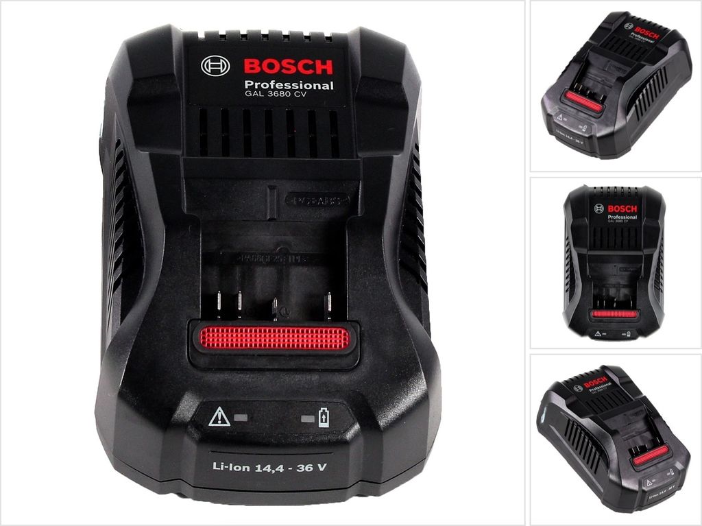 A collage of images showing a Bosch battery charger from different angles.