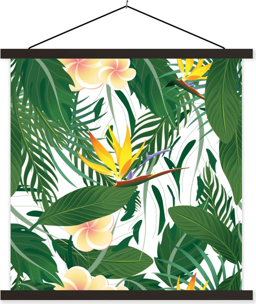 MuchoWow Textilposter Blätter - Blüten - Paradiesvogelpflanze 120x120 cm mit schwarzem Rahmen - Aufhängungsset
