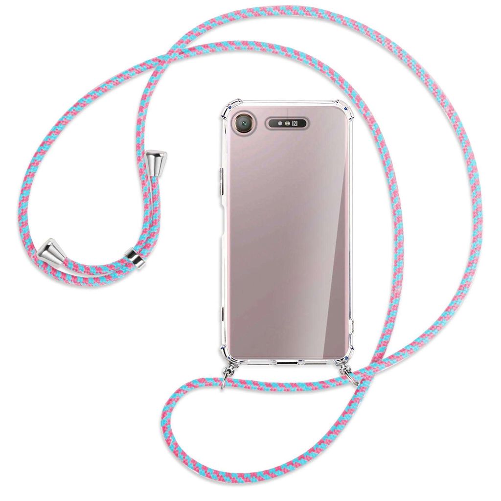 Handykette Backcover-Schutzhülle mit Band (Metall silberfarben) für Sony Xperia XZ1 - pink/mint