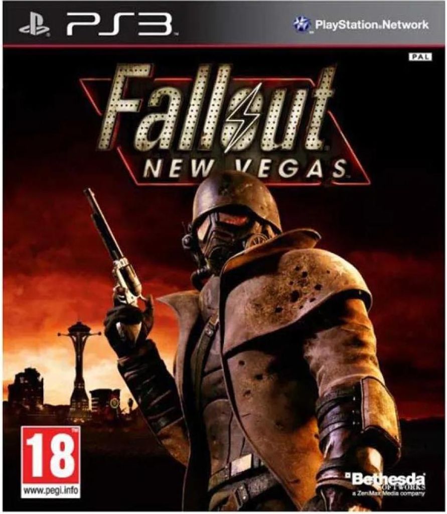 The image is a video game cover for Fallout: New Vegas on PlayStation 3. It features a character in post-apocalyptic armor holding a gun, with a desert landscape and the Las Vegas skyline in the background.