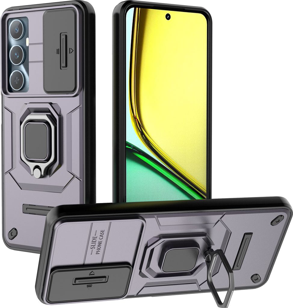 Hülle für Realme C65 4G Dual Layer Handyhülle Schiebe Kamera Schutz und Ringhalter Ständer Lila