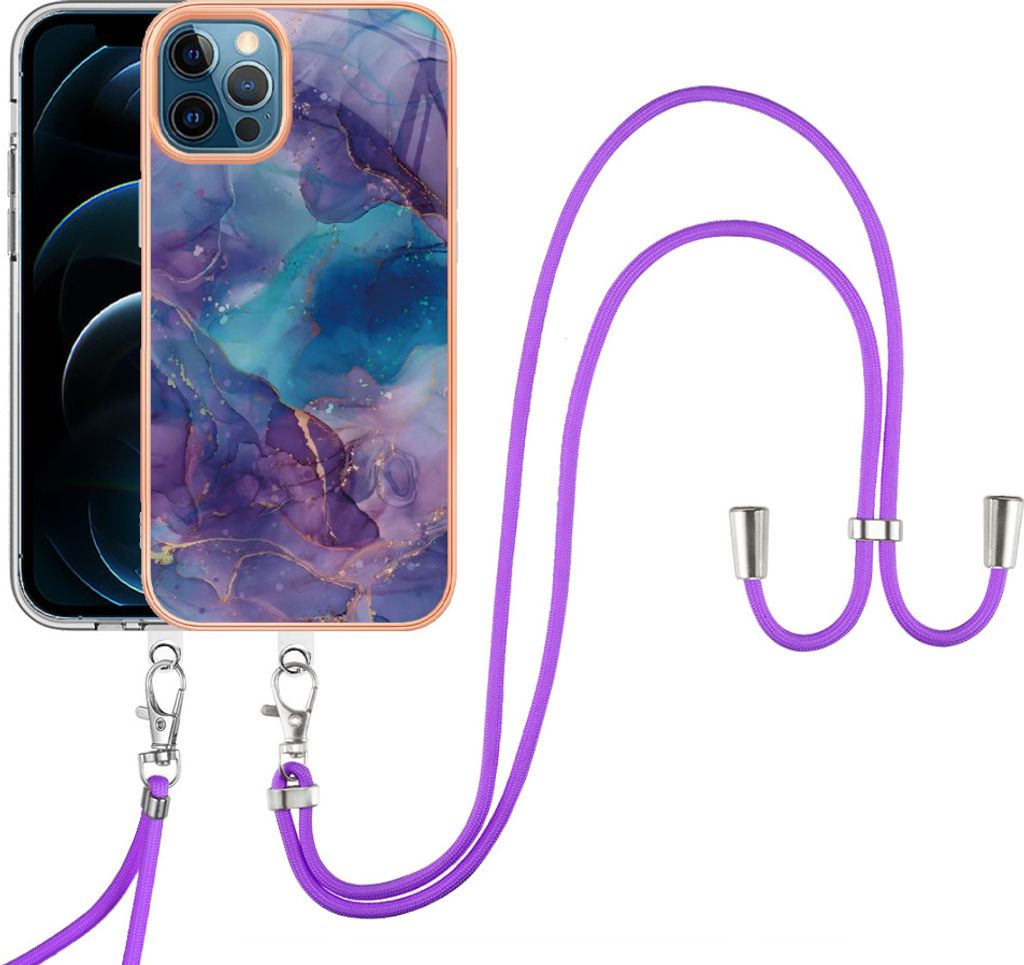 iPhone 12 Pro Max Handykette Hülle, Muster TPU Bumper Schutzhülle mit verstellbarem Tragegurt für iPhone 12 Pro Max Lila
