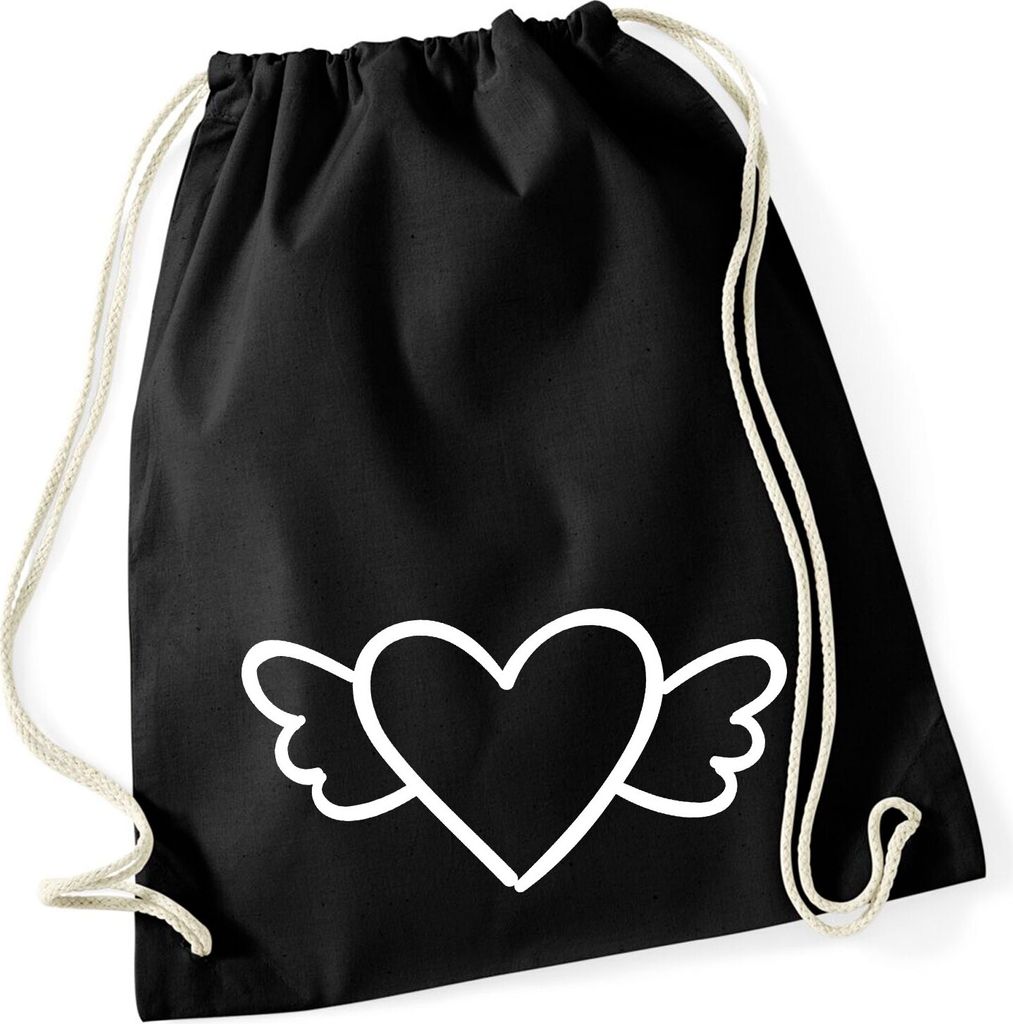 Huuraa Turnbeutel Herz mit Flügeln 12 Liter Black Baumwolle Rucksack Geschenkidee