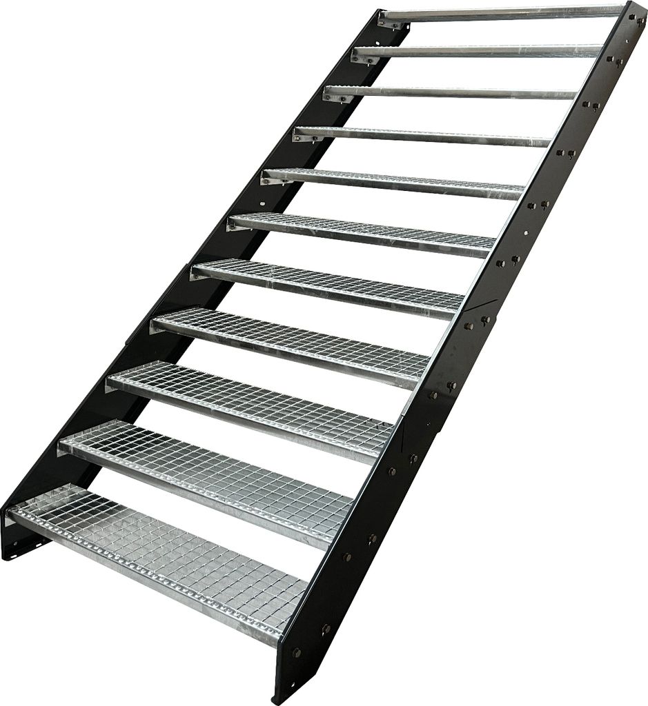 Stahl Wangentreppe Gitterroststufen 11 Stufen - Verzinkt & Anthrazit pulverlackierten Wangen - (B x H x T) 140 x 209 x 215 cm