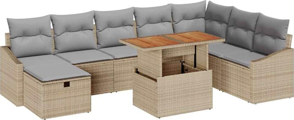 vidaXL Gartensofa-set mit Kissen mit Speicher 9 pcs Beige Poly-Rattan