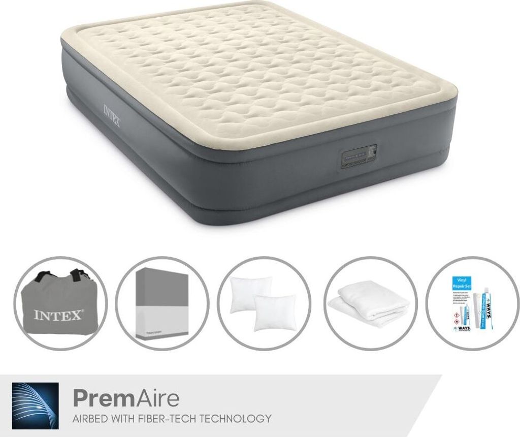 Intex Luftbett - 2 Personen - 152 x 203 x 46 cm - Grau - Mit elektrischer Pumpe + Spannbettlaken Anthrazit + Kopfkissen + Molton 2 in 1 Kissenbezü...