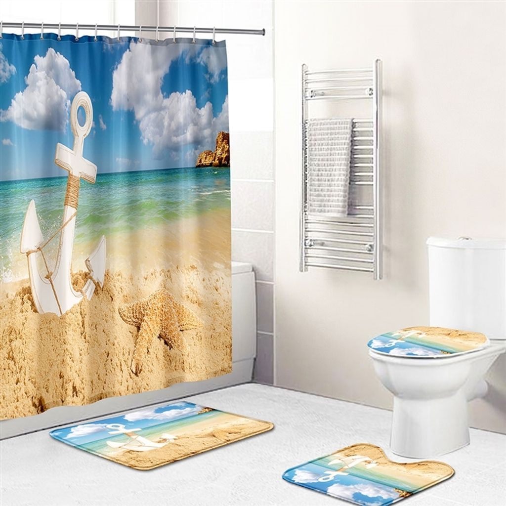 Strandmuster Badezimmer 4er Set mit Wasserdichter Duschvorhang, Badematte, Toilettenvorleger und Toilettendeckelabdeckung, Style 2