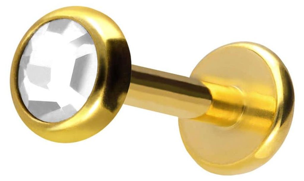 Ohrpiercing, Nasenpiercing Titan Labret mit Push Fit KRISTALLDISC Gold Stablänge: 9mm | Stabstärke: 1,2mm | Discgröße: 4mm