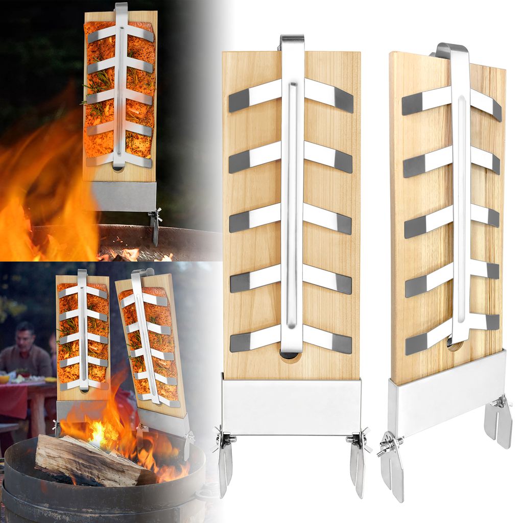 LZQ 2er-Set Flammlachsbrett Raeucherbrett Flammlachsbretter mit Neigbare Edelstahl Halterungen Lachsbretter Grillzubehör für Feuerschalen