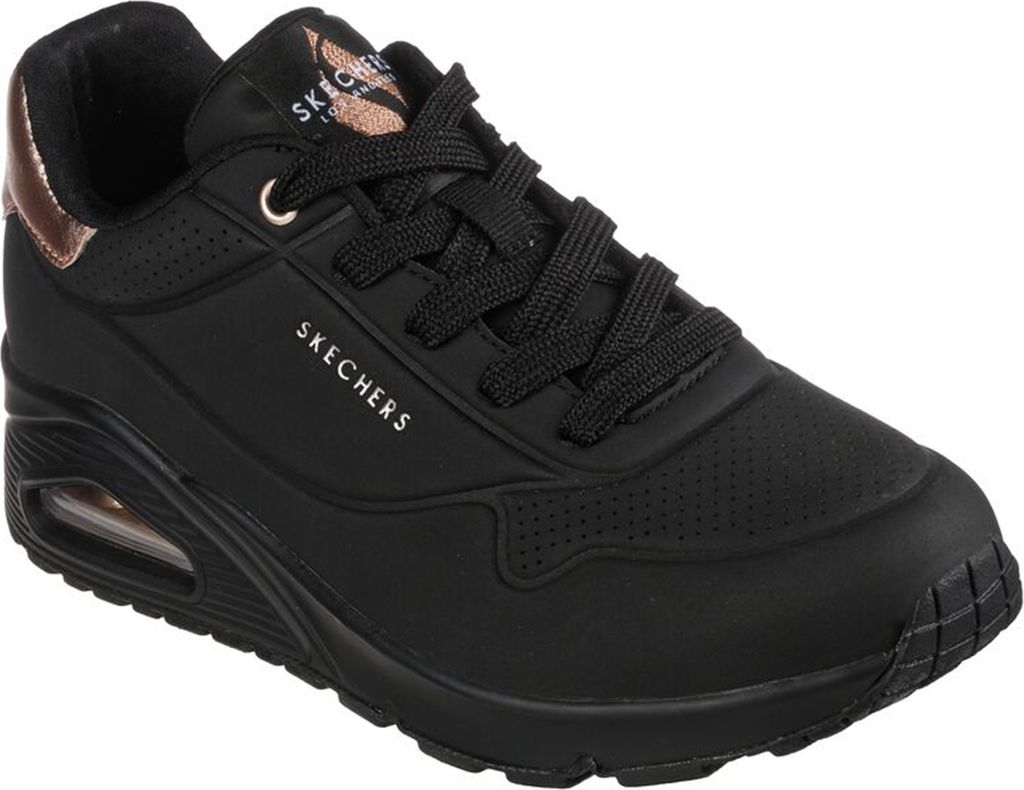 A black Skechers sneaker with rose gold accents.