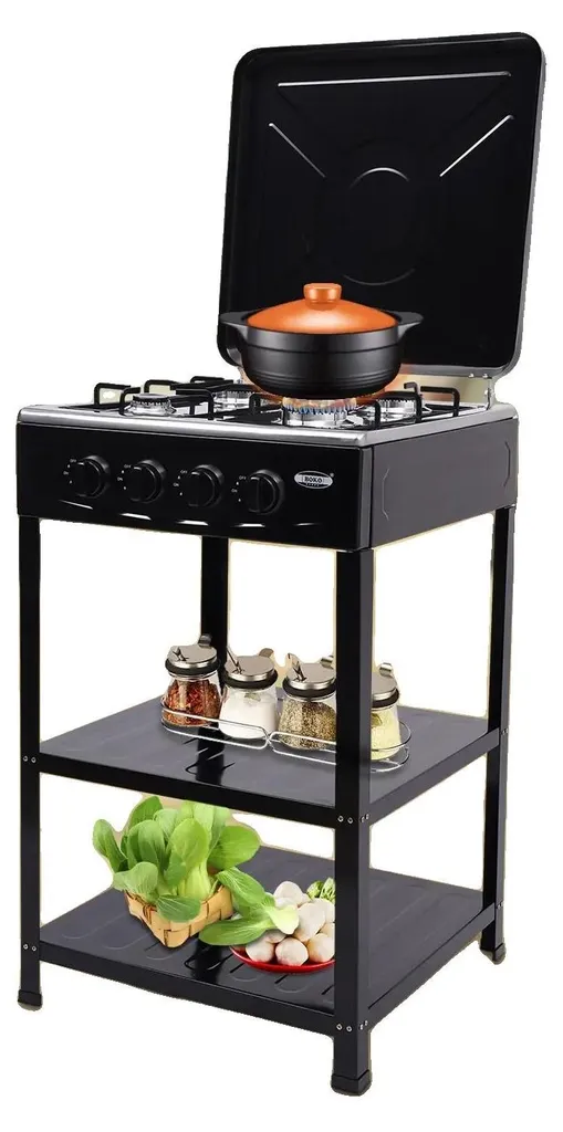 Réchaud à gaz 4 feux noir et étagère basse à 2 plateaux pour la cuisine