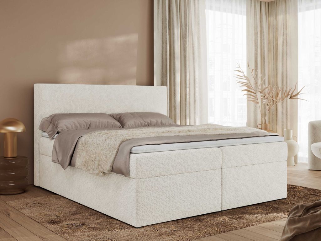 MKS MEBLE Boxspringbett, Polsterbett JAGUAR mit Multipocket-Matratze, struktur dekostoff, zwei Bettkästen und Topper T25 - 140 x 200 cm - H4 - Wei...