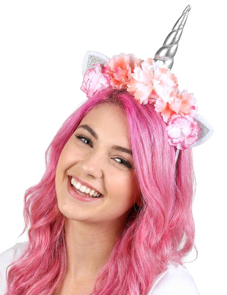 Einhorn-Haarreif mit Blüten silber-pink-orange - Produktbild 