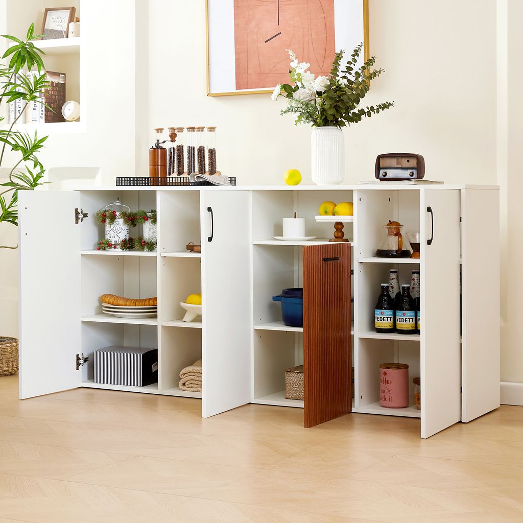 STILVORA Sideboard Beistellschrank Aufbewahrungsschrank mit offenen Fächern,freistehender Holzschrank,Für Küche, Wohnzimmer,weiß +Holz