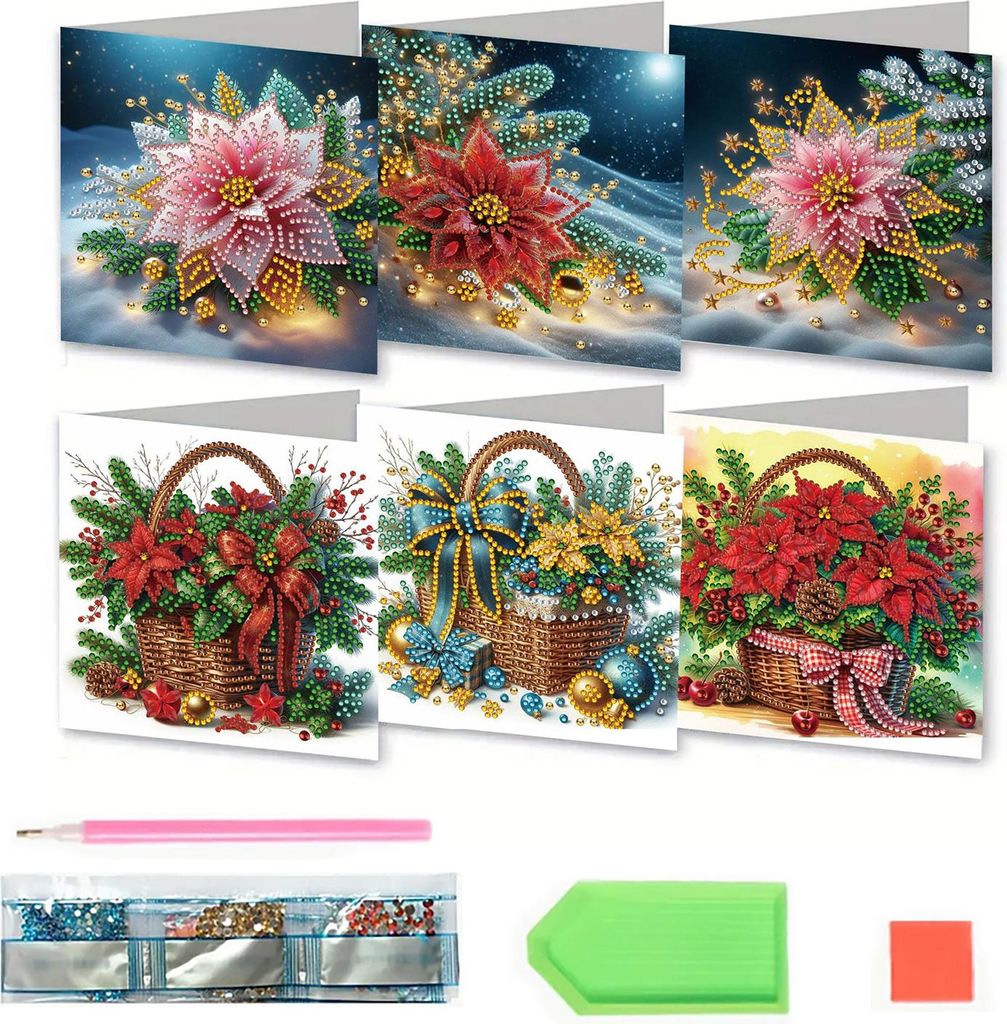 6-teiliges Set zum Selbermachen von Strass-Kunst-Malkarten, Weihnachtsgrußkarten-Bastelset mit Umschlägen, 5D-Strassmalerei mit Schneemann, Katze...
