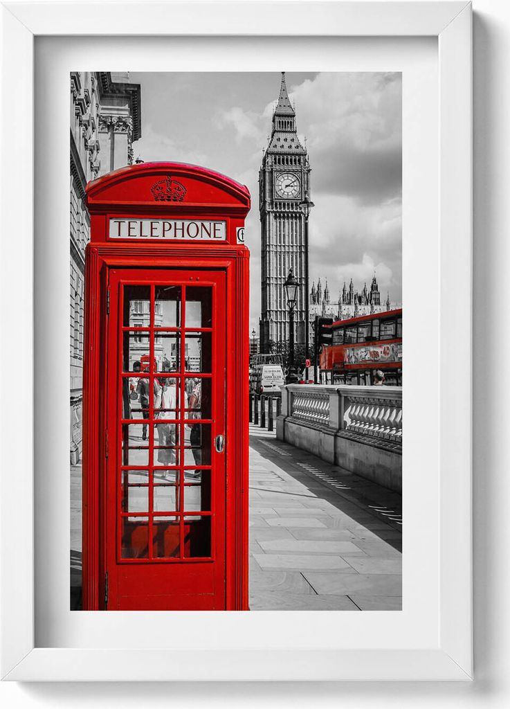 Rote Telefonzelle und Big Ben - Großbritannien– Wandbild mit Rahmen – Gerahmtes Bild – Wanddekoration – 20x30 cm – Weiß