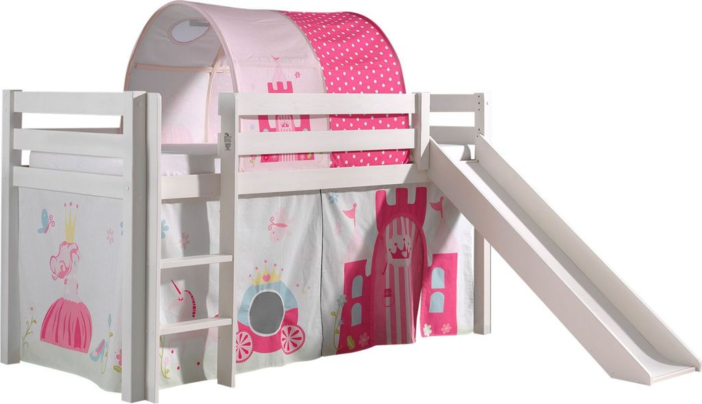 Kinderbett mit Rutsche Karolina Massivholz Weiß Textilset Princess 2