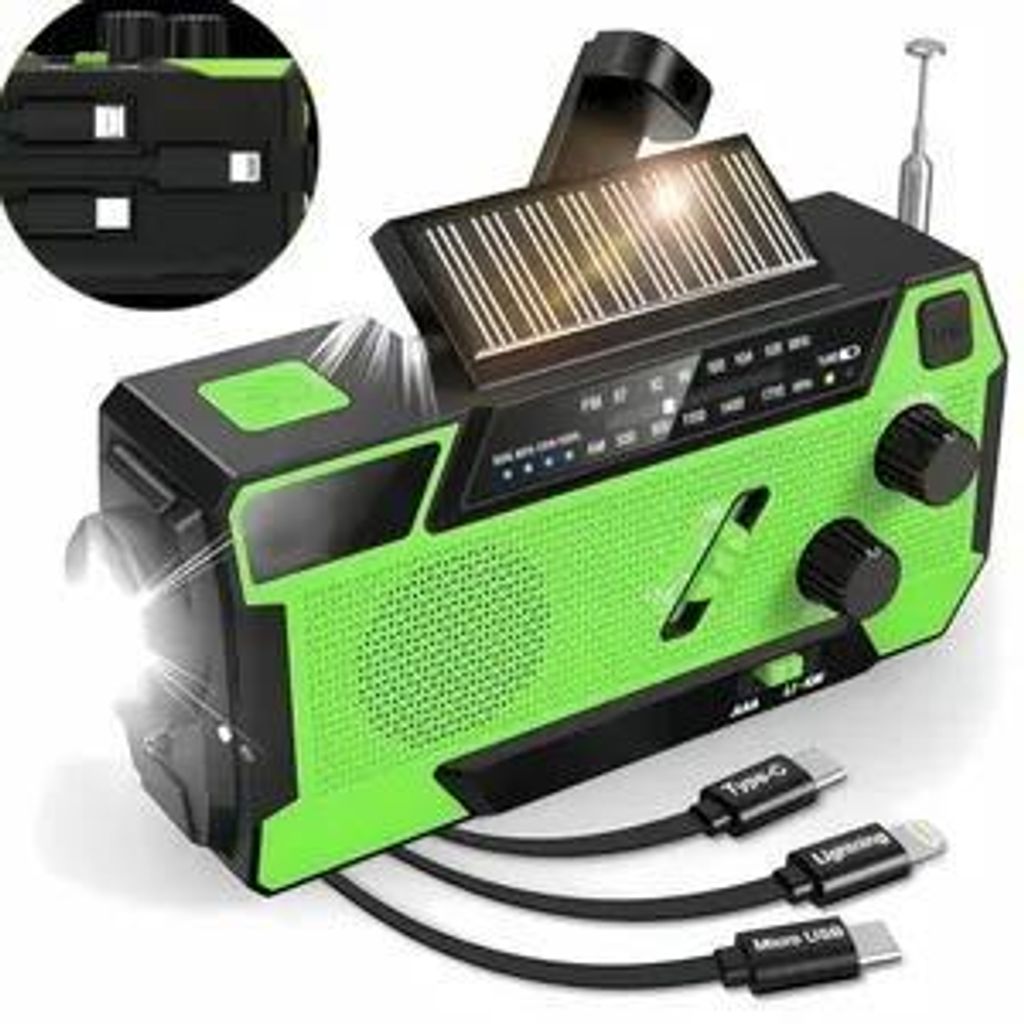 6-in-1 Solar radio mit 3 verschiedenen Ladekabeln, 4-Wege-Aufladung,AM/FM mit LED-Taschenlampe,SOS-Alarm,Powerbank für Notfall,Batterieanzeigeleuchte