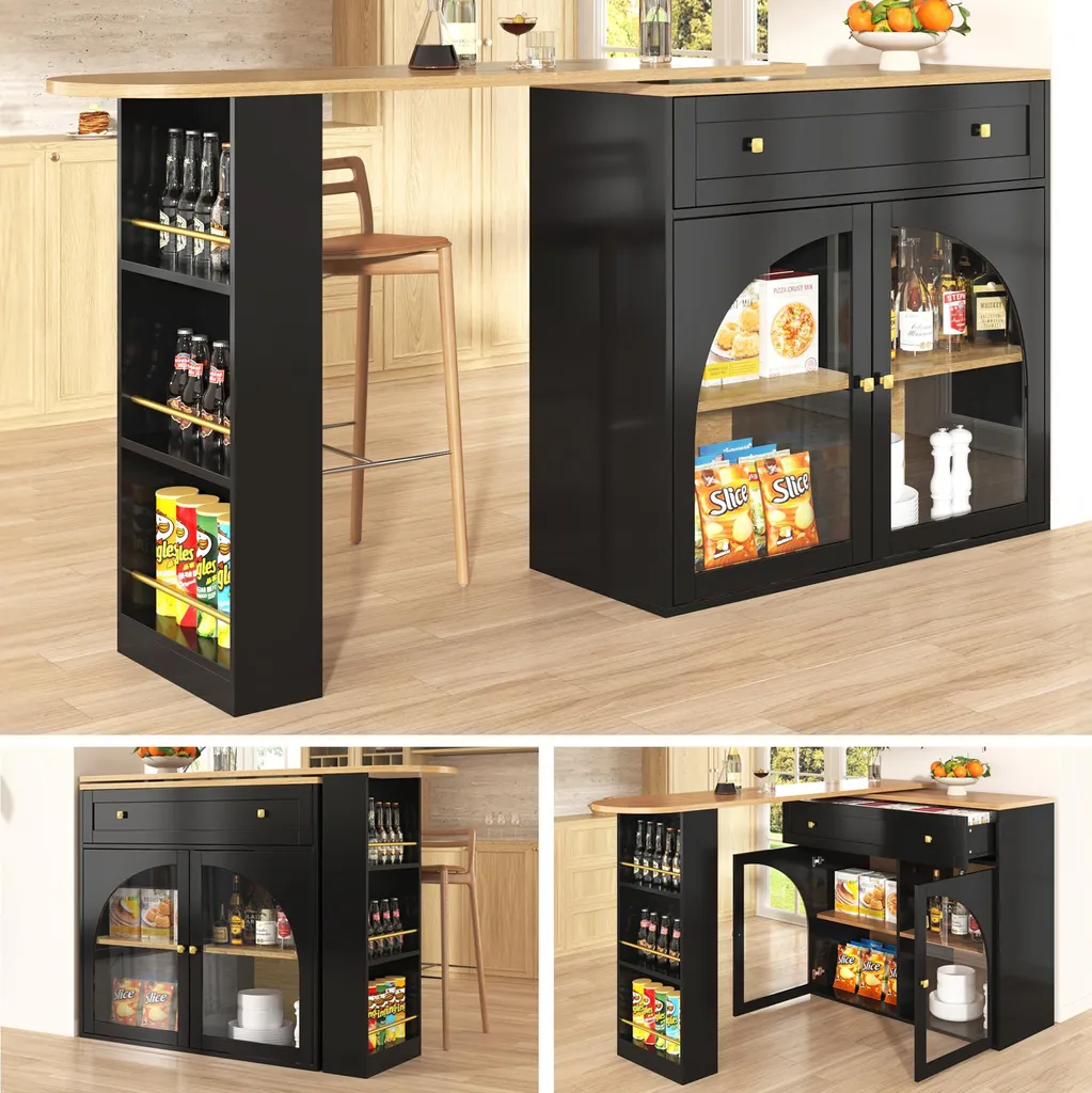 Table de bistrot rotative 360° noire avec rangement et étagère en verre
