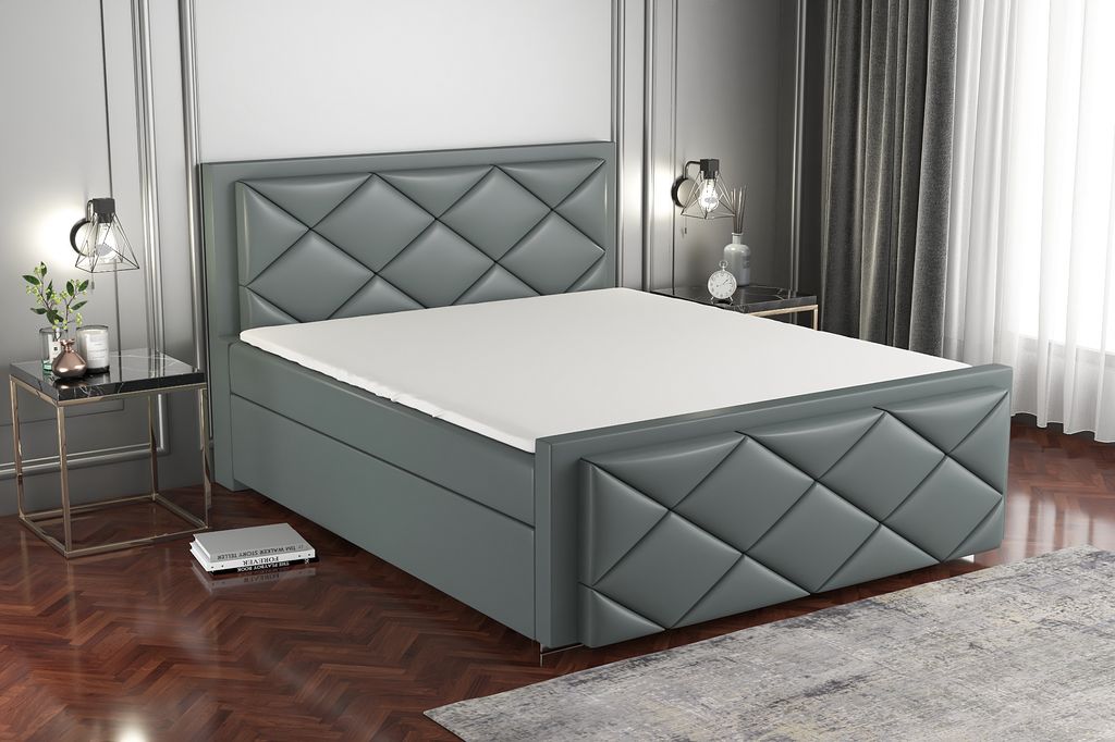 Boxspringbett SAXI 180 x 200 mit 2 Bettkästen, Bonell-Matratze und Topper. Farbe: Grau