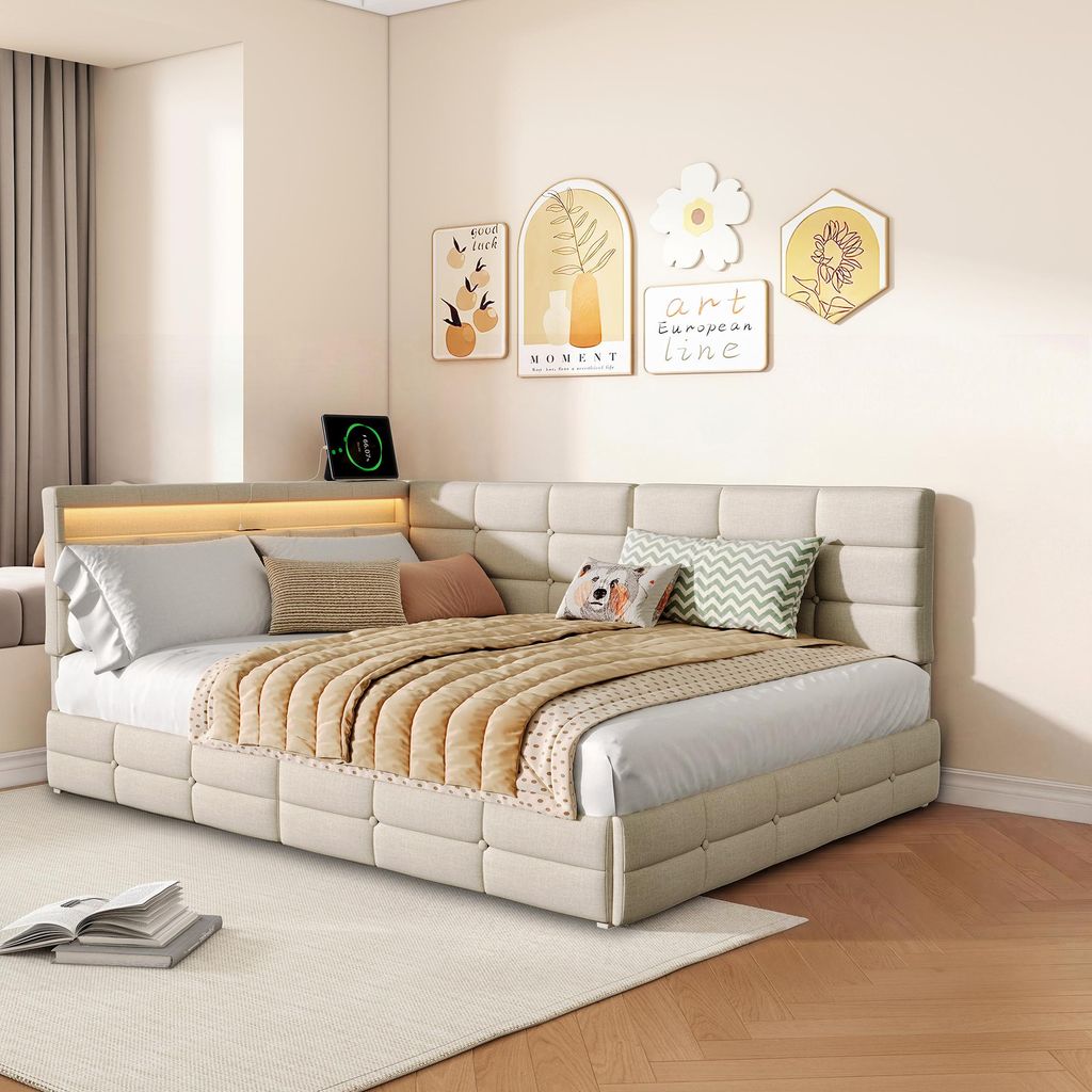 Čalouněná postel ProximaX 140 × 200 cm, béžová plátěná Obrázek produktu 