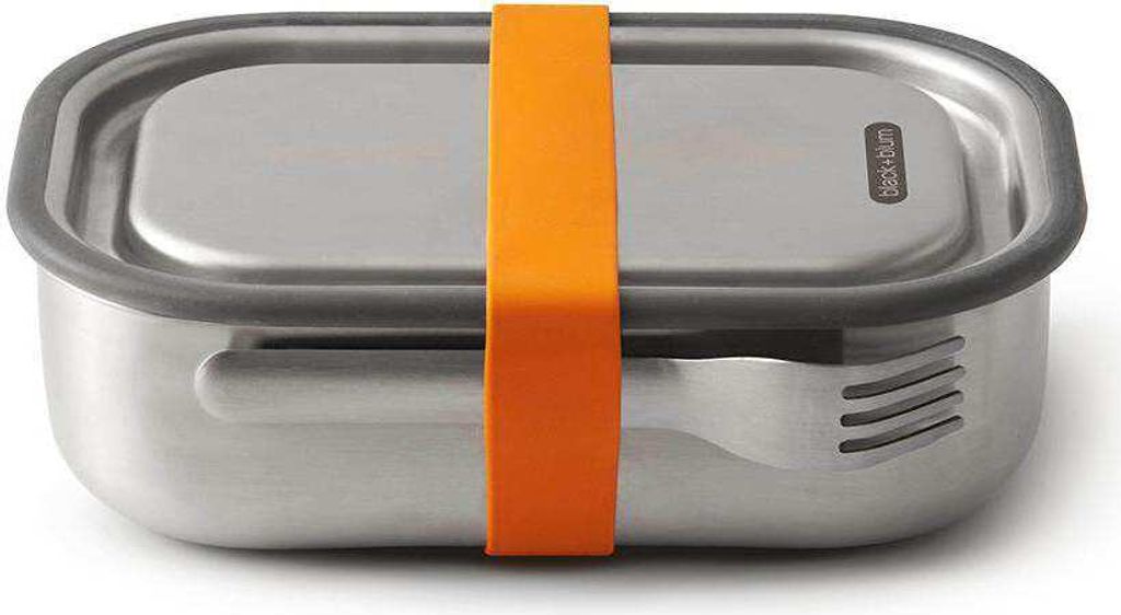 A stainless steel lunch box with a gray silicone seal and an orange elastic band, with a fork visible on the side.