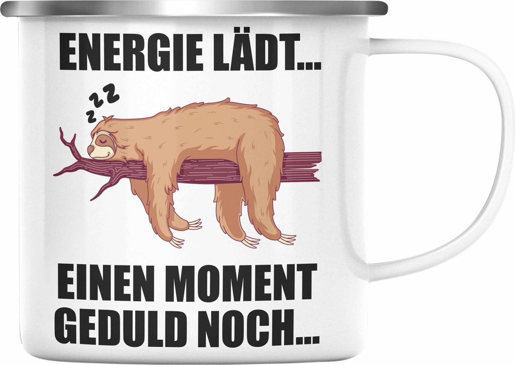 Trendation - Faultier Emaille Tasse mit Spruch Geschenk Arbeitskollege Kollege Emaille Emaille Tasse Frauen Männer (Silber)
