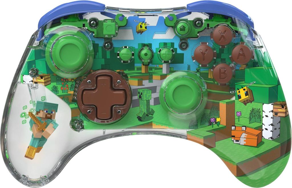 A Minecraft-themed Nintendo Switch controller with a transparent casing revealing a forest biome scene inside.