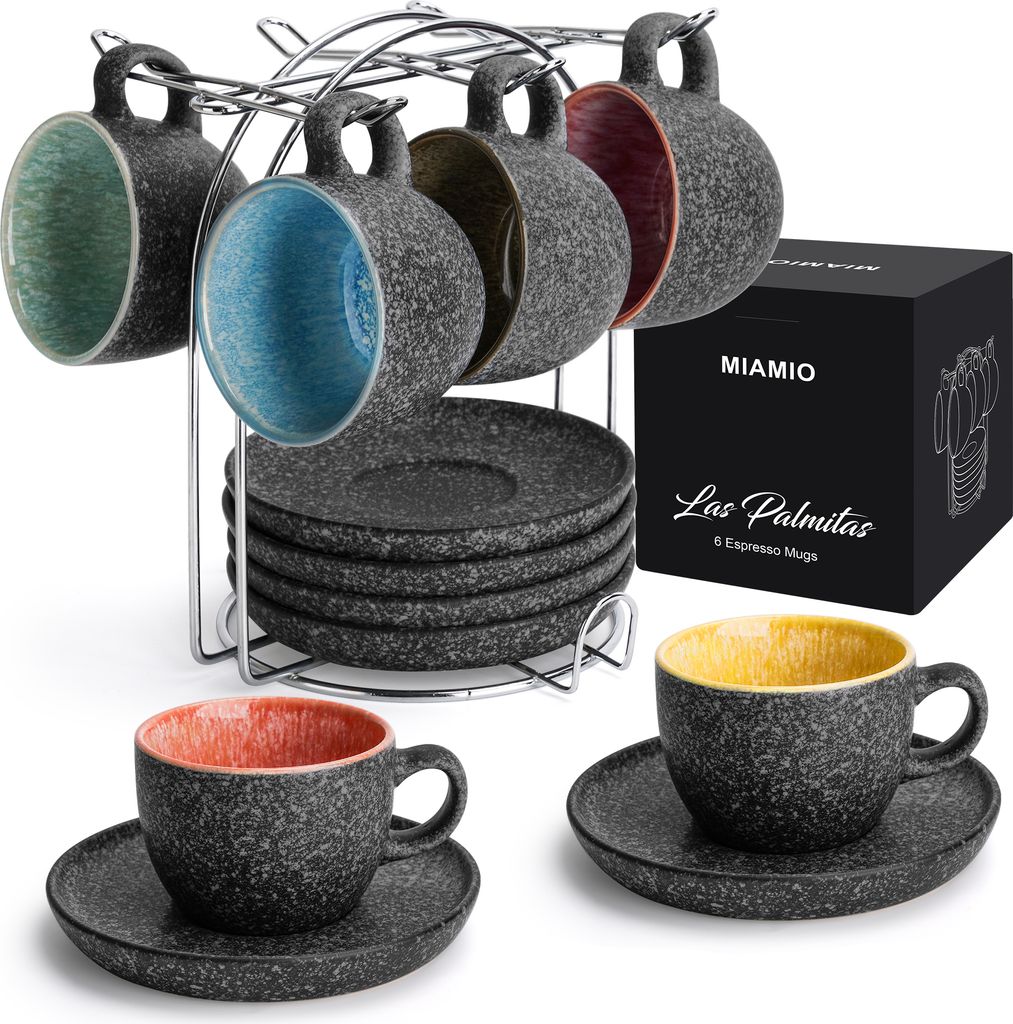 MIAMIO - Espressotassen Set 6 teilig mit Untertassen & Ständer (6 x 80 ml)