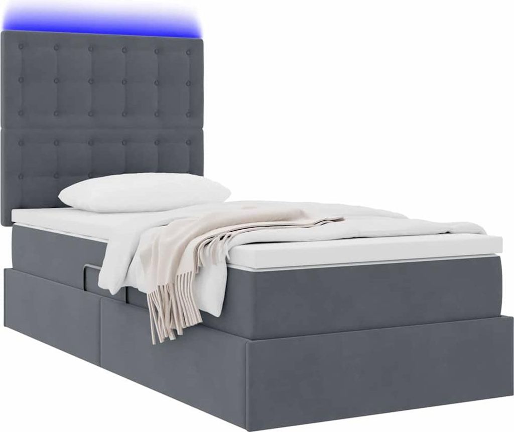 Stauraumbett mit Matratze, LED-Beleuchtung, Samtbezug, verstellbares Kopfteil, Gaslift, 90x200 cm, Dunkelgrau, 1 Person