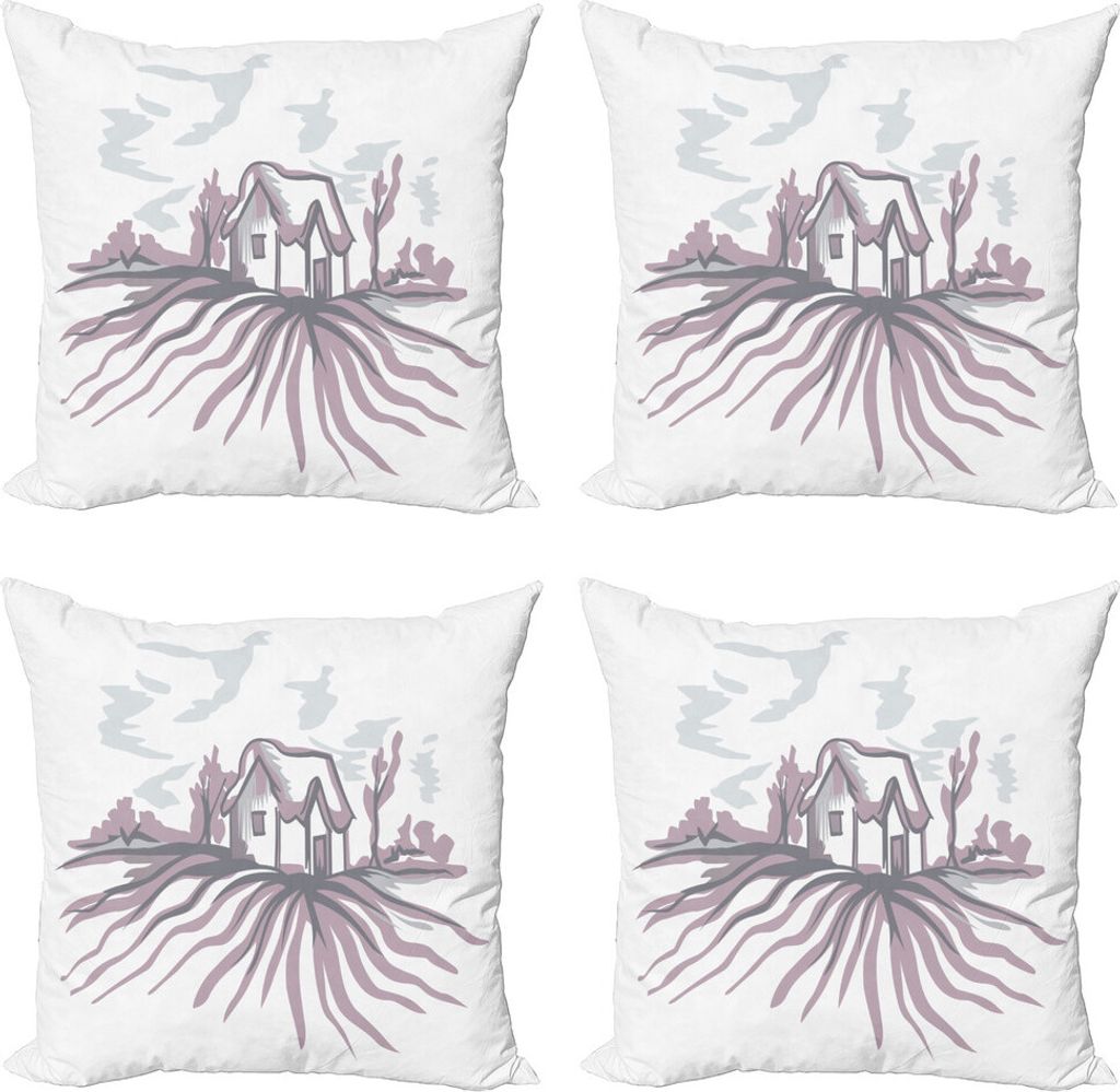 ABAKUHAUS Niederländisch Kissenbezug Set (4 Stück), Land Thema Landhaus, Moderner Doppelseitiger Digitaldruck, 50 cm x 50 cm, Weiß und Grau Rosa