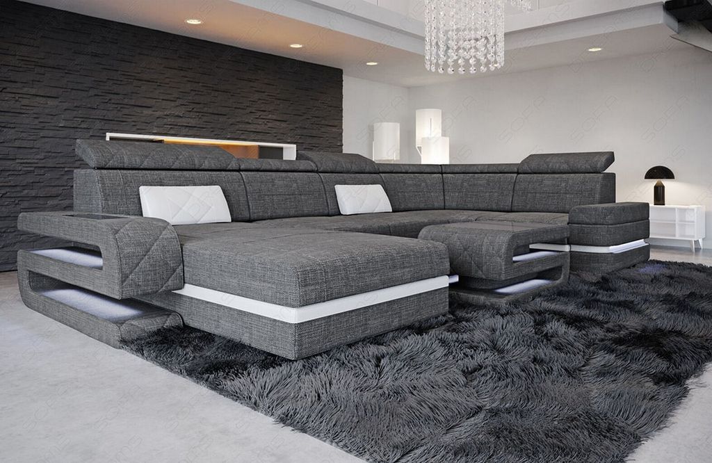 U Form Stoffsofa Bologna Mini mit Licht USB Webstoff Strukturstoff
