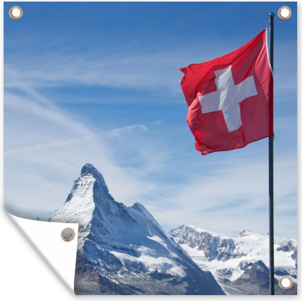 MuchoWow 50x50 cm Outdoor-Poster Gartendeko Sichtschutz Garten Poster für den Garten Schweizer Flagge am Matterhorn in der Schweiz