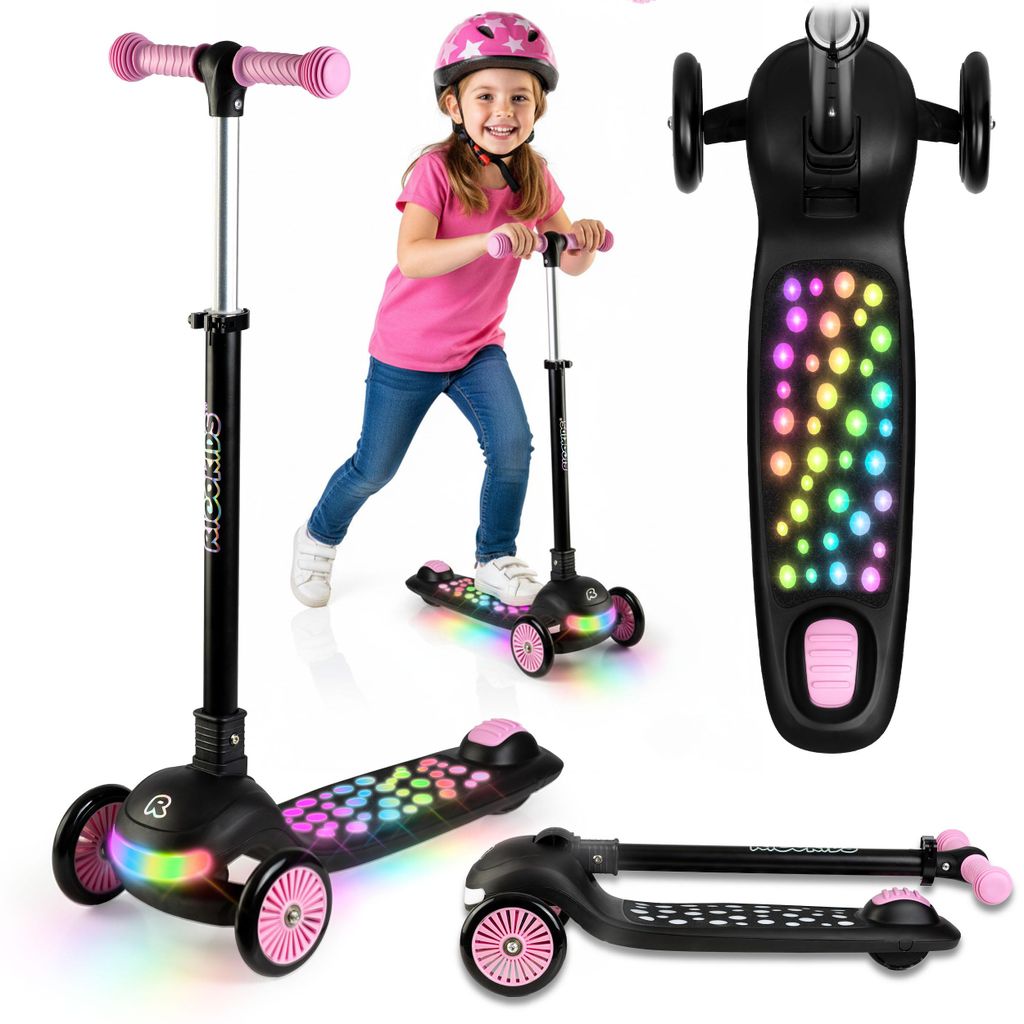 RICOKIDS Kinderscooter Kinderroller mit LED Beleuchtung Kinder höhenverstellbar