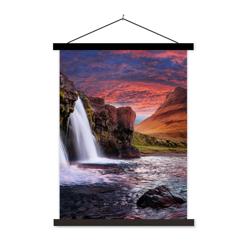 MuchoWow Textilposter Wasserfall - Berg - Wolken - Rosa - Landschaft 40x53 cm mit schwarzem Rahmen - Abbildung