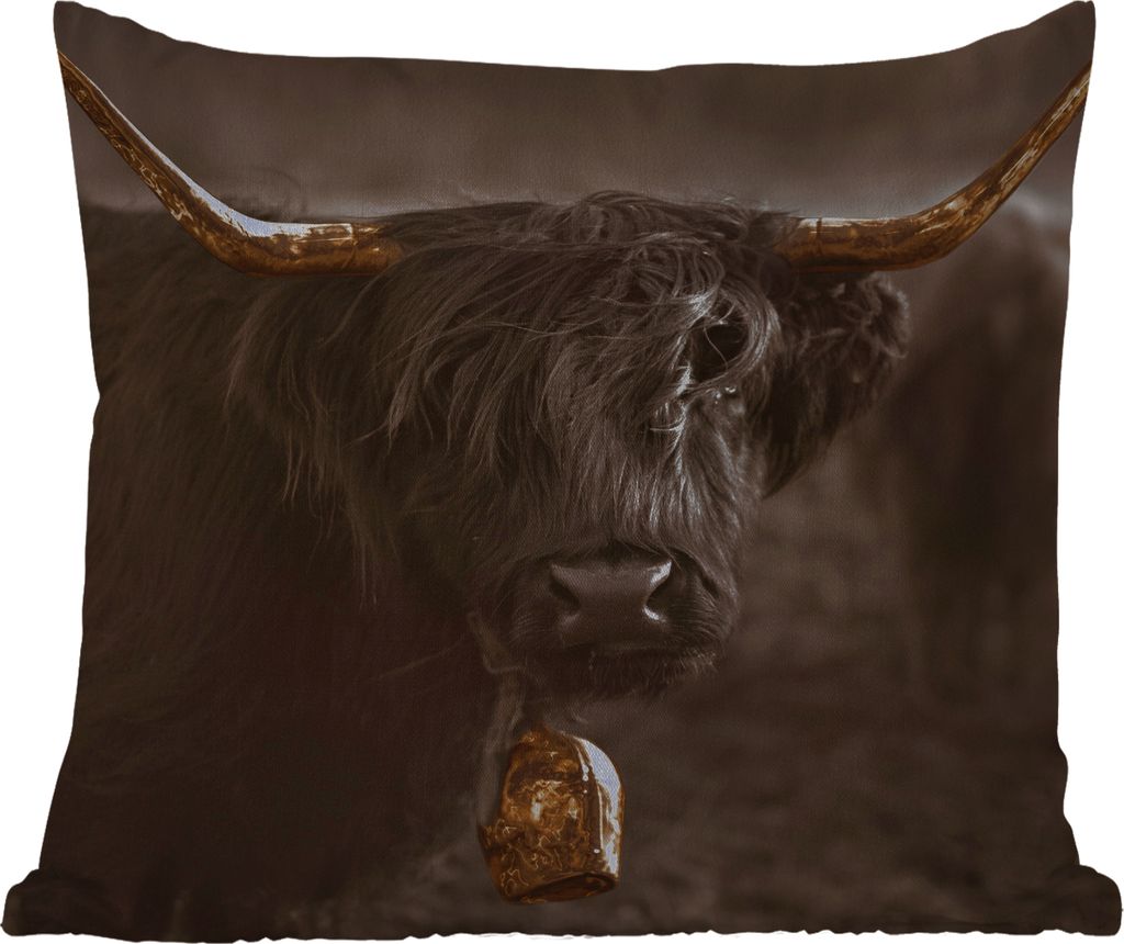 MuchoWow Outdoor Kissen - Schottisches Hochlandrind - Gold - Kuhglocke - 50x50 cm - Wetterfest - Lounge Kissen - Komfortabel - Kissen mit Bild