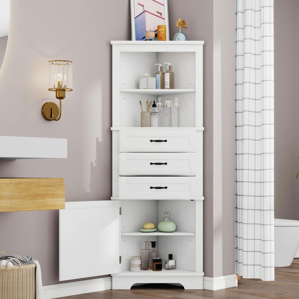 Merax Eckschrank für Badezimmer, Badezimmerschrank mit 3 Schubladen, 2 offene Ablagefächer, Hohe Füße, Buffetschrank, 57,7x46x167,5 cm, Weiß