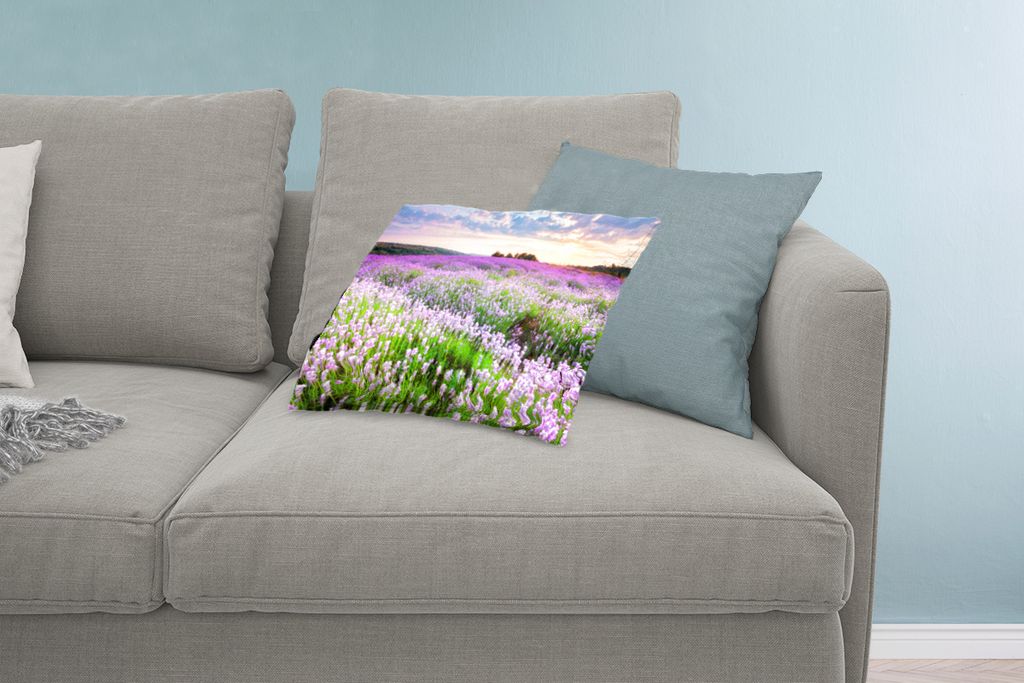 MuchoWow Zierkissen Sofakissen Wohnzimmer Dekokissen 60x40 cm Lavendel - Blumen - Sonnenuntergang - Lila - Wiese - Kopfkissen - Polster mit Foto