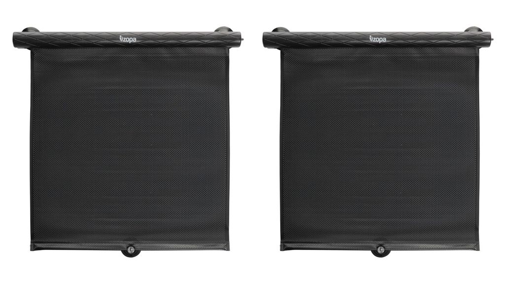 Two identical black roll-up sunshades for a car window, mounted on a white background.