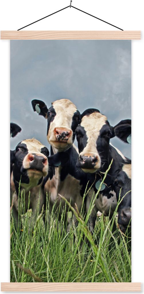 MuchoWow Textilposter Kuh - Wolken - Gras - Tiere 40x80 cm mit holzfarbenen Rahmen - Wohnzimmer