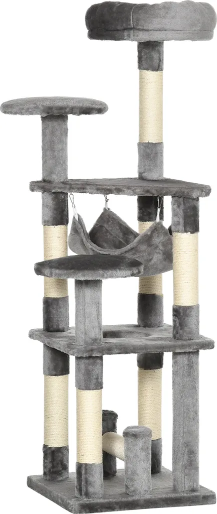 Arbre à chat PawHut gris 132 cm avec hamac et griffoirs en sisal pour chat