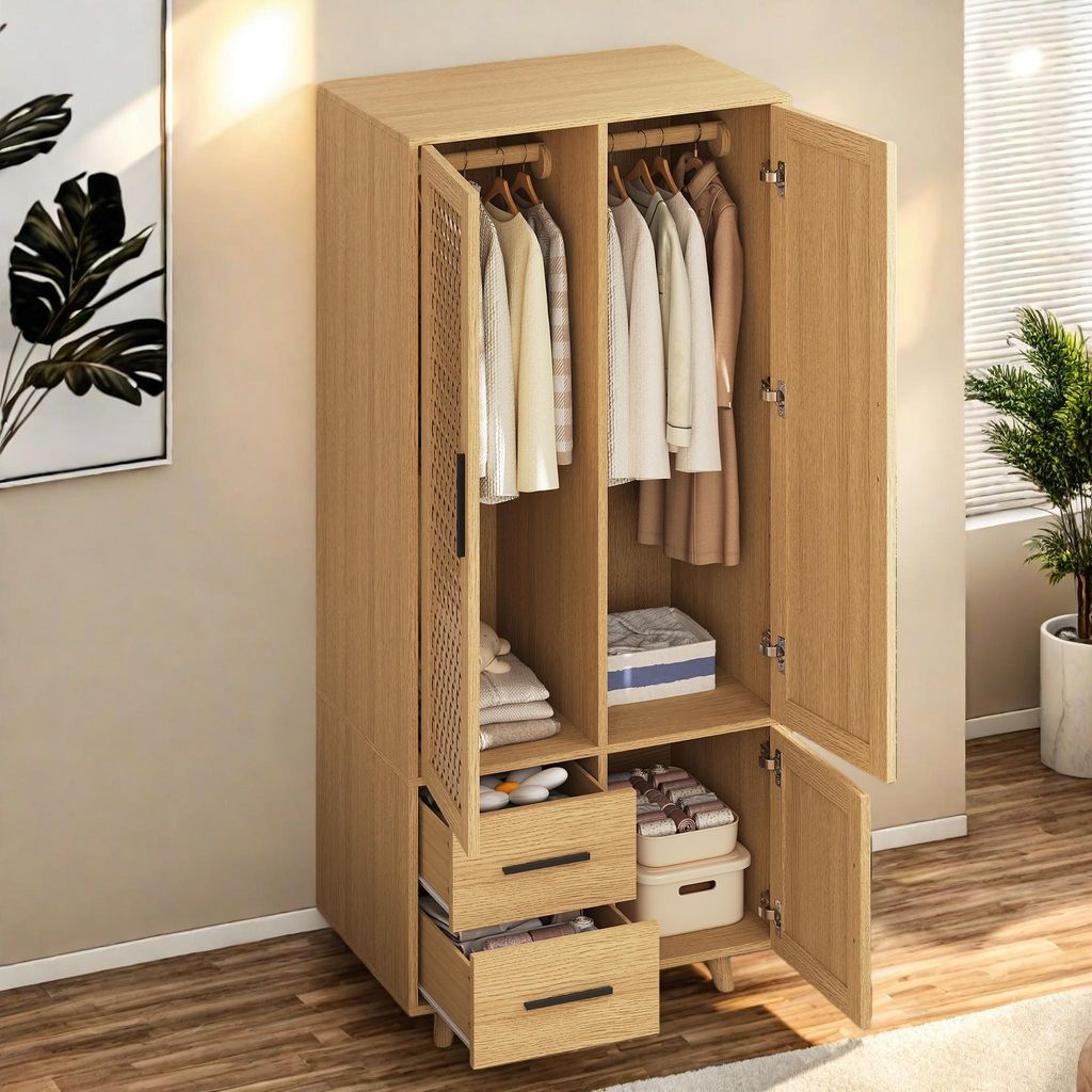 Armoire UnboxG aspect chêne avec motif tressé, 3 portes et Image du produit 