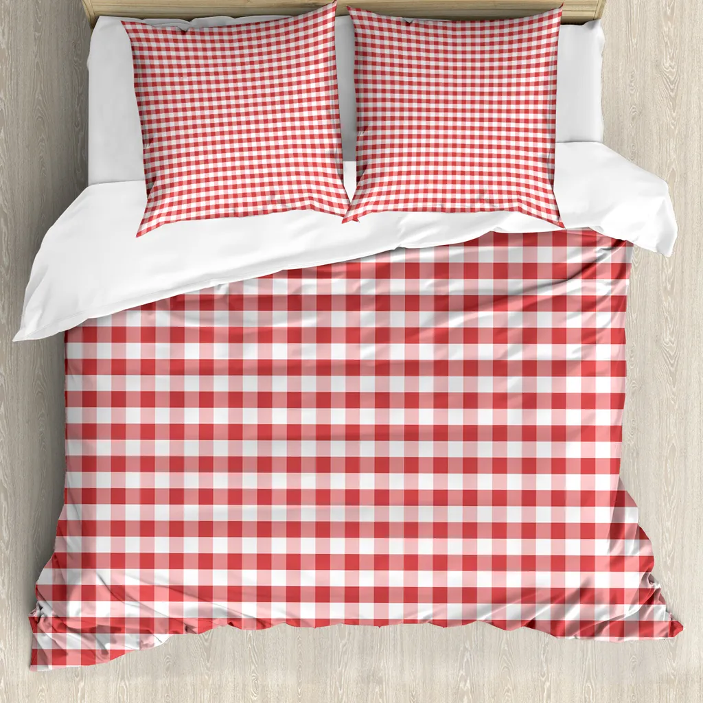 ABAKUHAUS Copripiumino a quadri, tradizionale gingham, antiacaro, adatto a chi soffre di allergie, con federe, 155 cm x 220 cm - 80 x 80 cm, bianco corallo